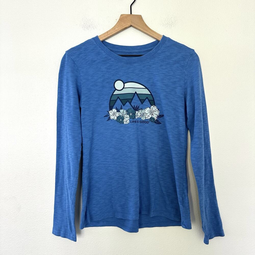 Life Is Good 100% Cotton Blue Long Sleeve Tee Sz M Peru Mountains Outdoor Flower